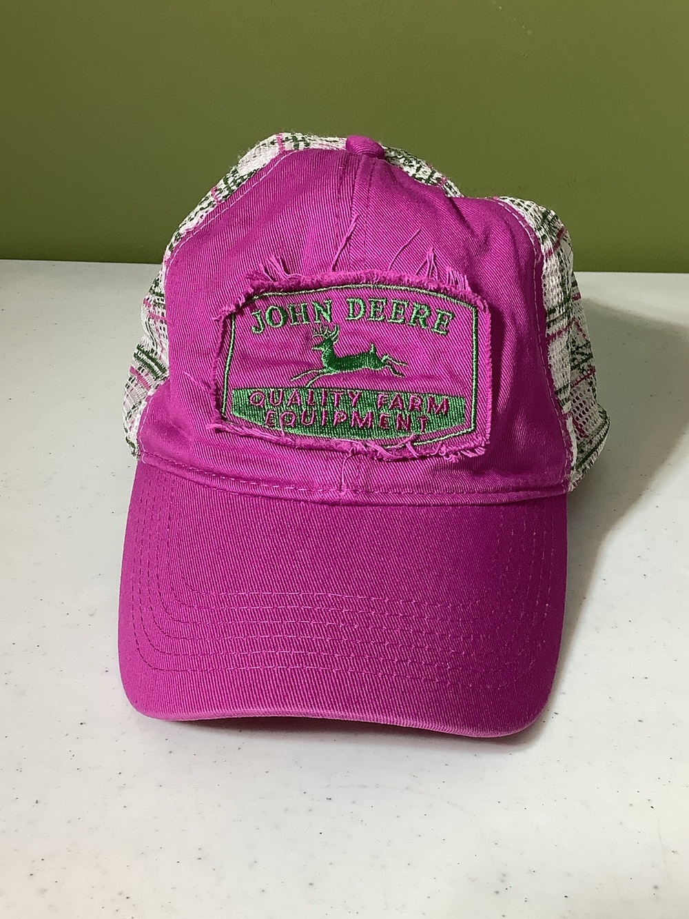 John Deere hot pink and plaid trucker hat